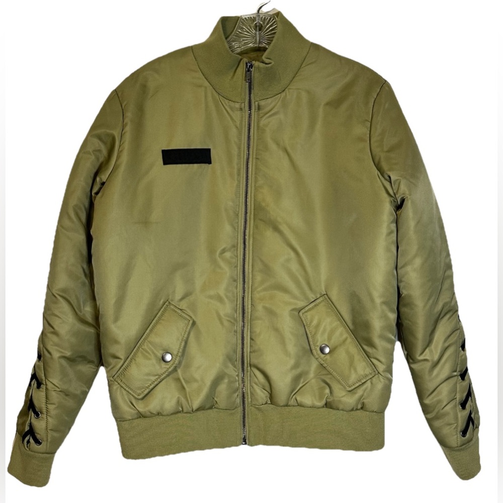 GUESS Luke Lace Up Sporty Bomber Jacket Women’s Size M Olive Green Black Laces‎